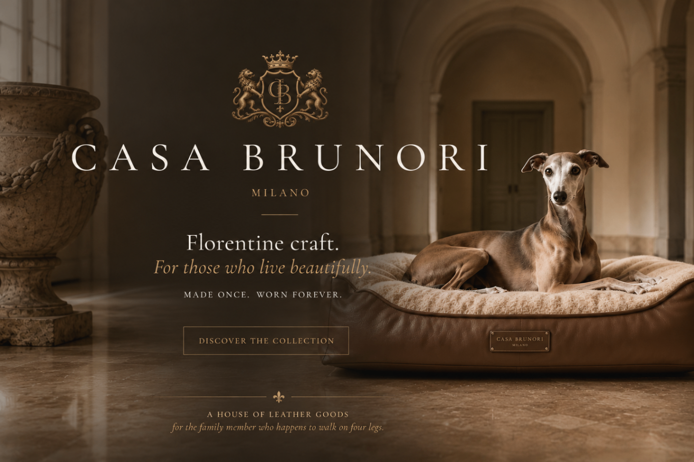 Casa Brunori hero image featuring an Italian greyhound on a leather dog bed