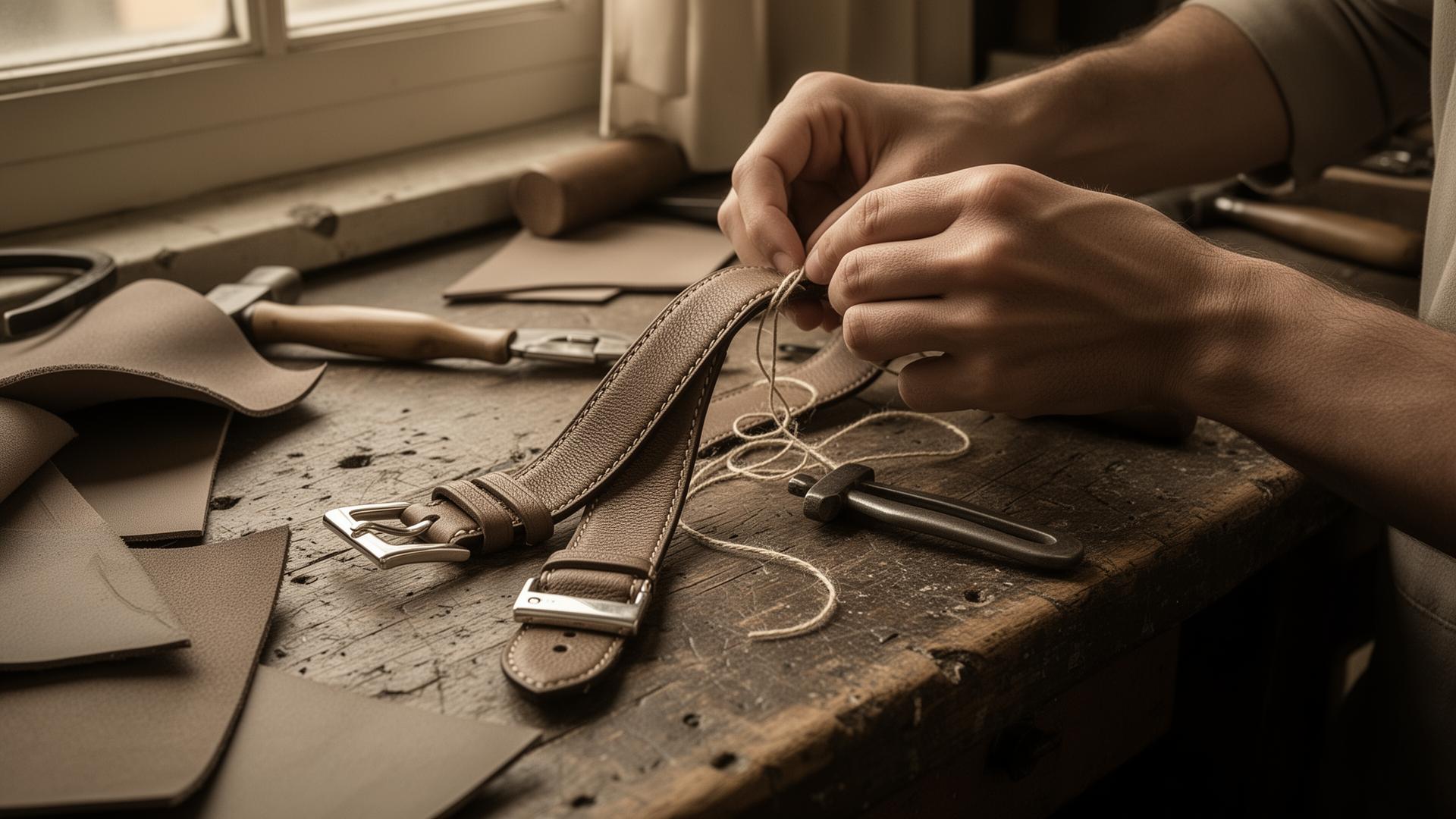 An Italian leather artisan burnishing the edge of a hand-stitched dog collar
